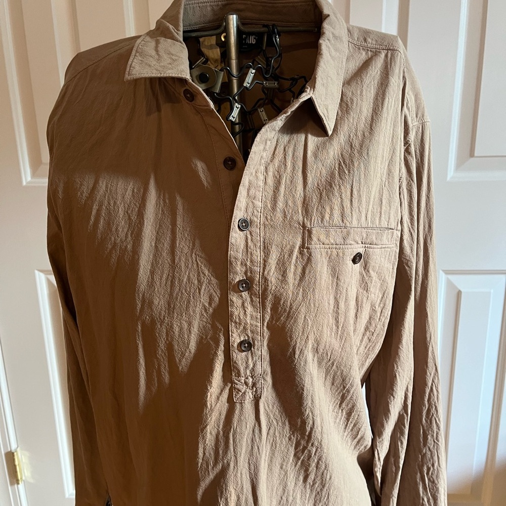 Paige tan long sleeve collared shirt. Men’s size medium
